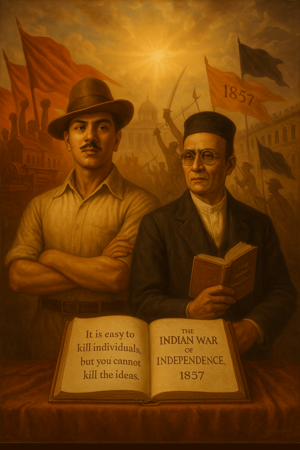 Painting of Bhagat Singh and Vinayak Damodar Savarkar, symbolizing revolutionary ideas in India’s freedom struggle, with The Indian War of Independence, 1857.