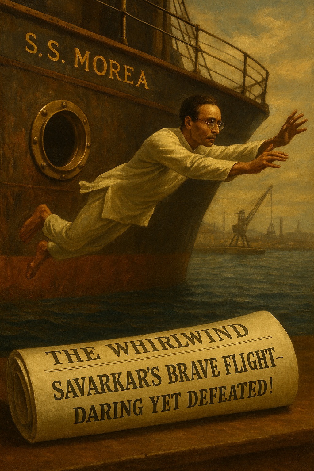 Vinayak Damodar Savarkar leaps from the porthole of the S.S. Morea during his failed 1910 escape attempt in Marseille harbor.