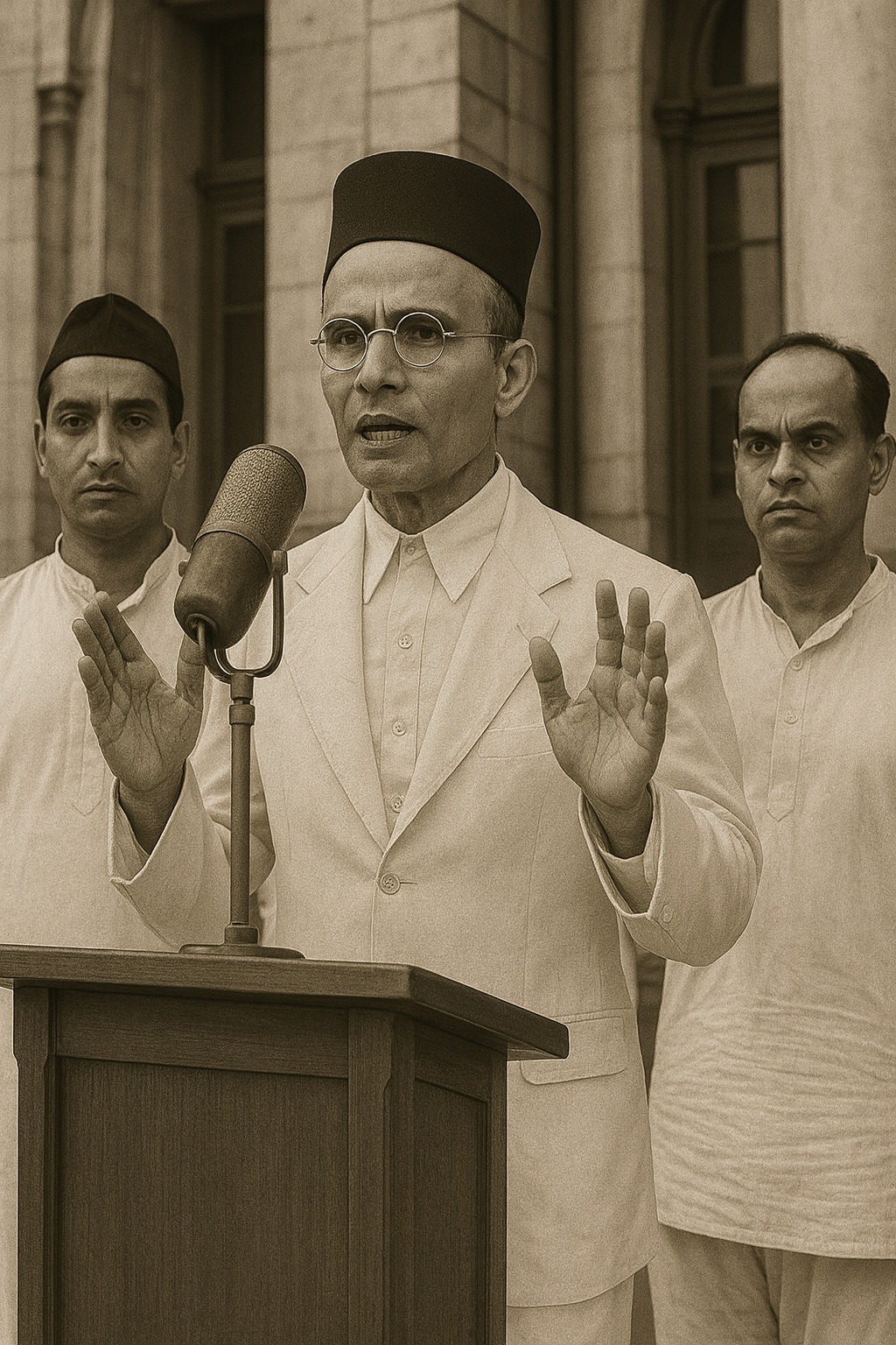 Vinayak Damodar Savarkar delivering a public address with commanding presence, speaking at a podium in front of a colonial-era building, symbolizing his role as a powerful orator and nationalist thinker.