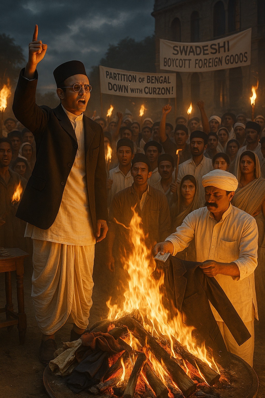 Vinayak Damodar Savarkar leading the first public bonfire of foreign clothes during the Swadeshi movement in Poona, 1905, protesting the Partition of Bengal and British rule in India.