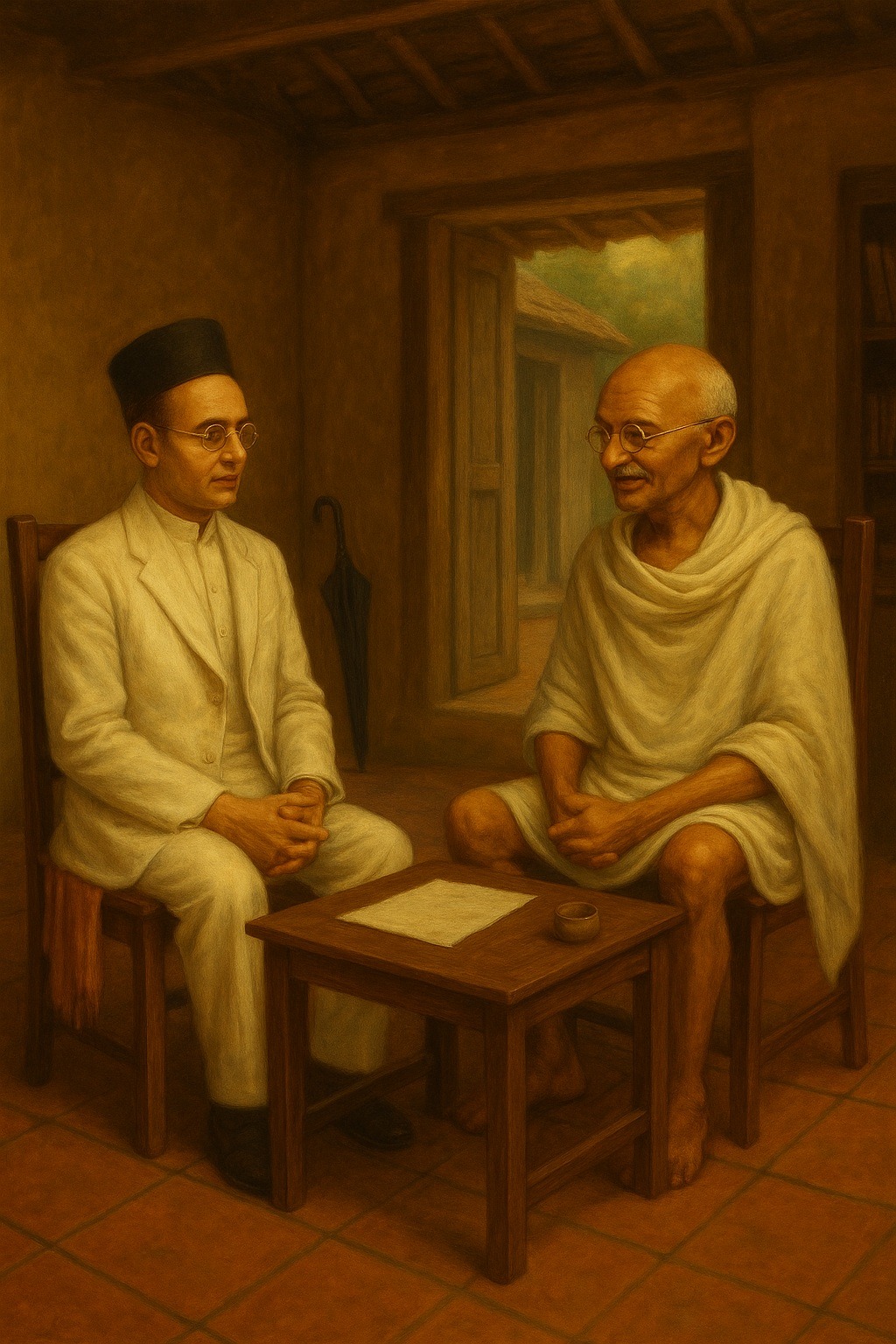 Veer Savarkar and Mahatma Gandhi meeting in Ratnagiri, 1927 – historic clash of ideologies shaping modern India.